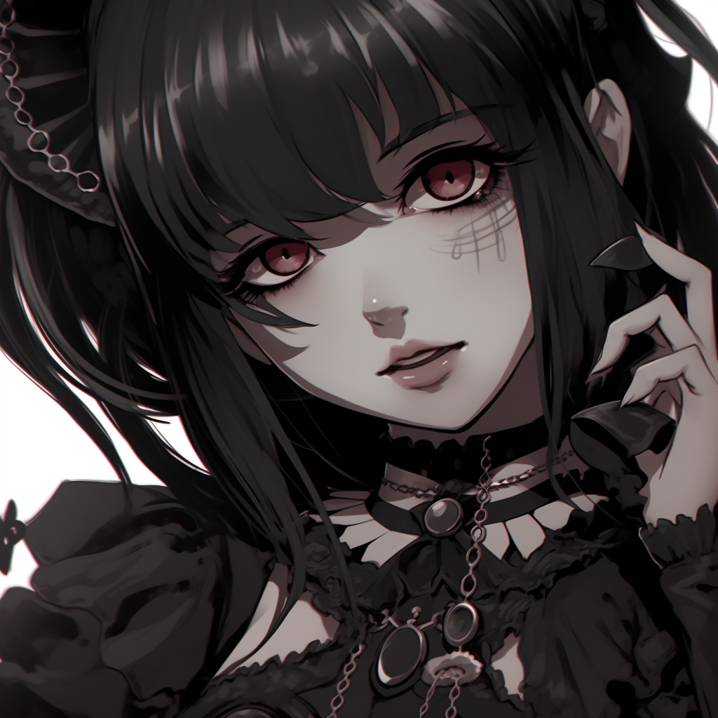 Anime girl exhibiting pale mystique in a Goth inspired ensemble, detailed with shaded elements and soft lines. preparing goth anime girl pfp pfp for discord.