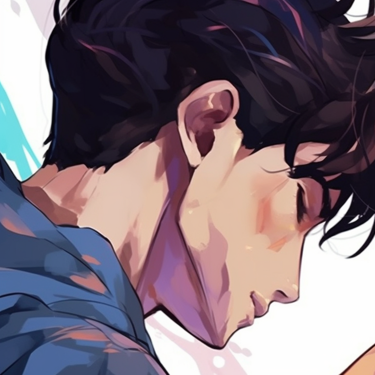 Two male characters, pastel tones and soft lighting, one character leaning onto the other's shoulder. custom bl matching pfp pfp for discord.