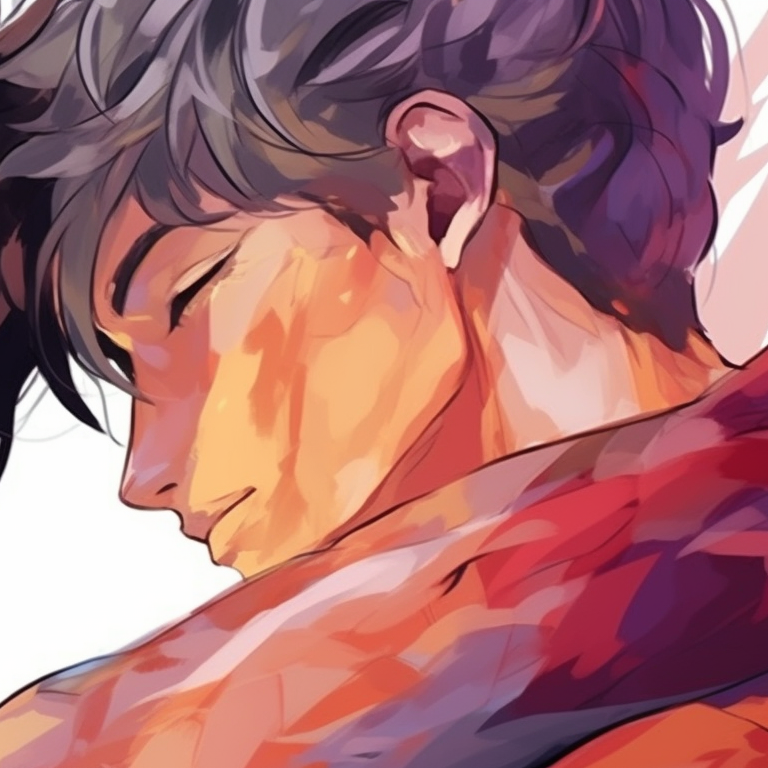 Two male characters, pastel tones and soft lighting, one character leaning onto the other's shoulder. custom bl matching pfp pfp for discord.