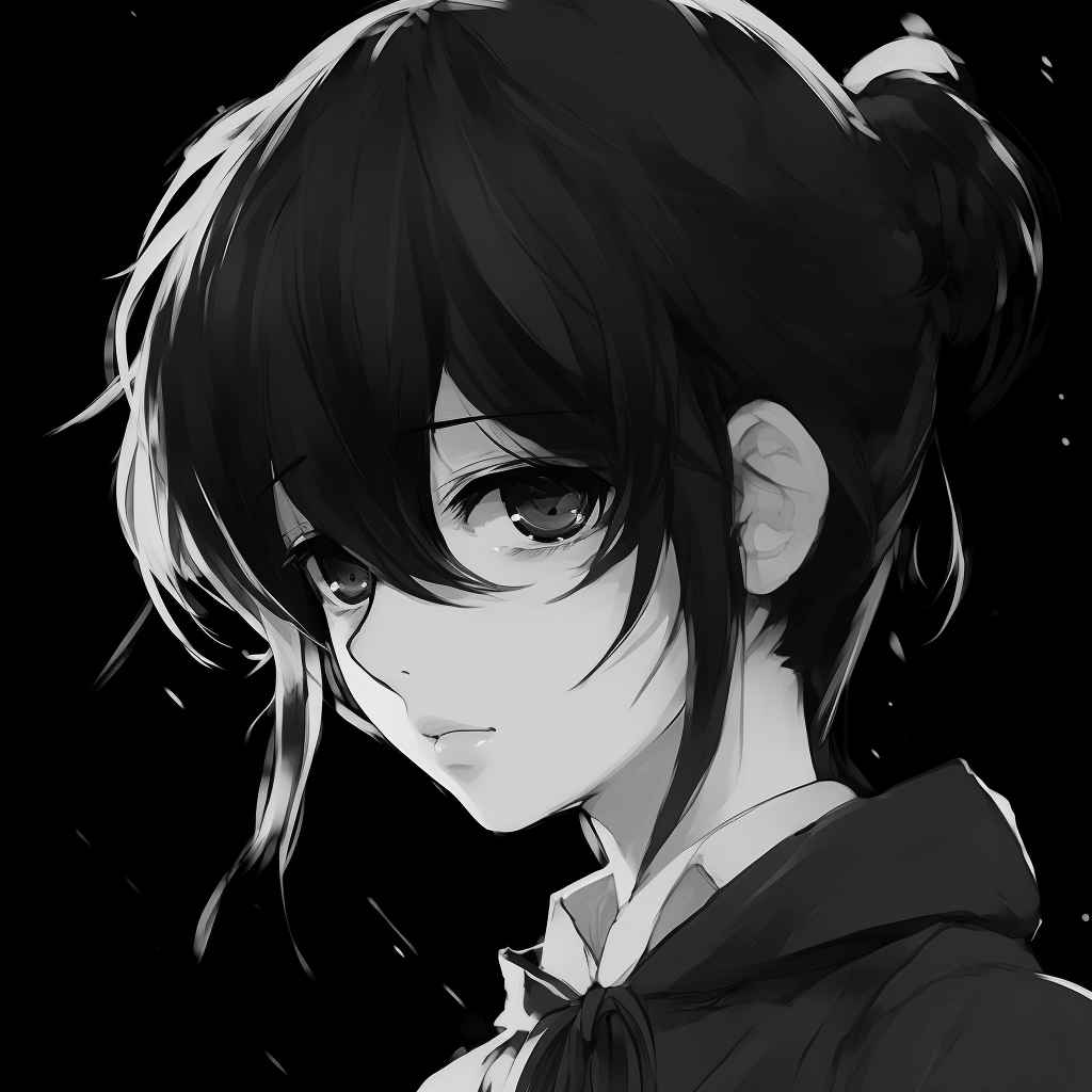 Classic anime girl done in a retro black and white style, eyes and hair detail are emphasized. classic black and white anime girl pfp pfp for discord.