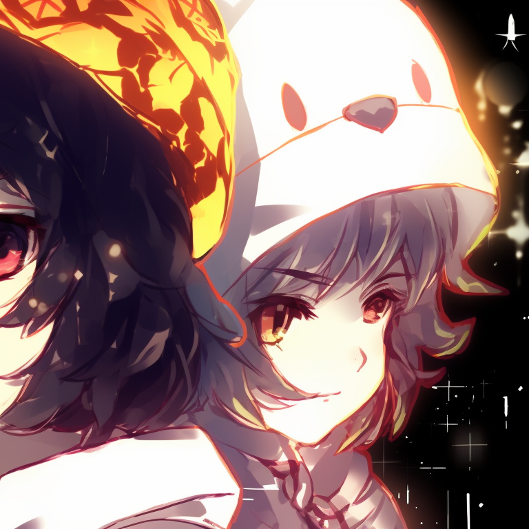 Two characters in fantasy attire, vivid colors with magical effects circling them. instagram cute matching pfp for anime lovers pfp for discord.