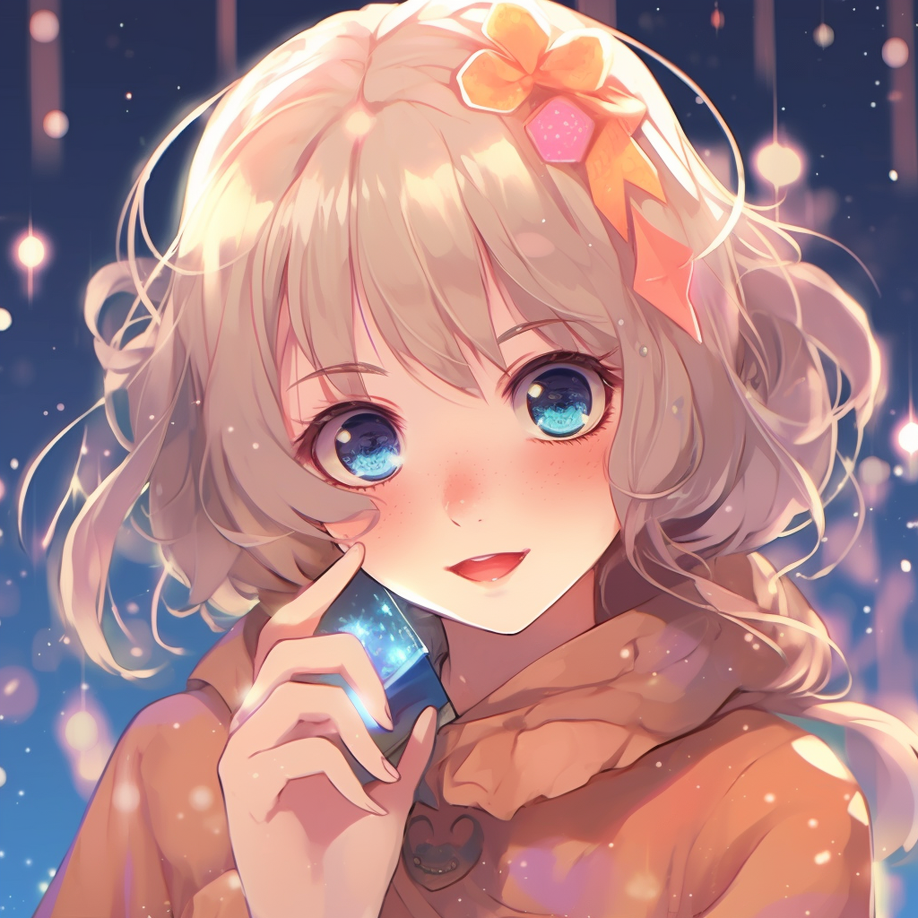 Fashion-forward kawaii girl with unique clothing designs, contrast between vibrant and soft colors. glamorous kawaii anime pfp choices