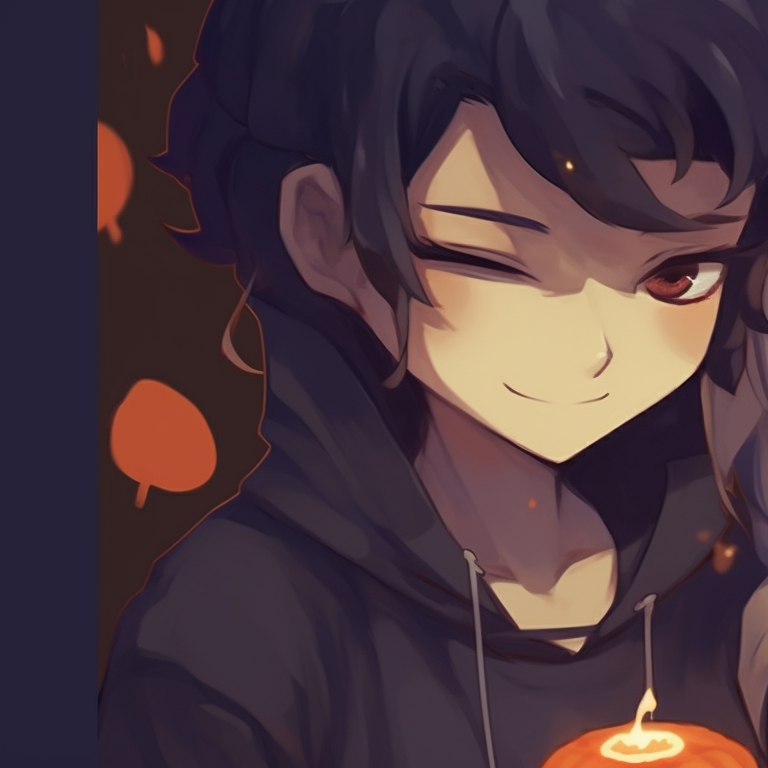 Two characters holding a luminous jack-o'-lantern, playful expressions and casual outfits. couples matching pfp pinterest halloween pfp for discord.