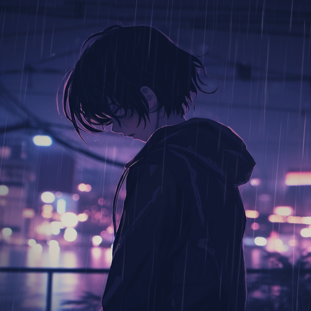 Lone character against glowing neon sign reflections, detailed urban backdrop. aesthetic depressed pfp images