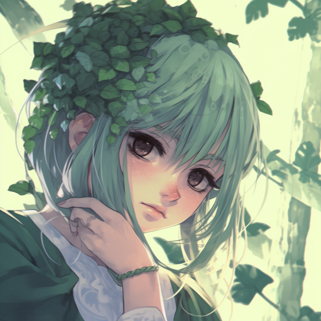 A dreamy elf character in a serene green forest, the pastel colors of the surroundings complimenting her verdant attire, detailed leaf decorations on her ears. compelling green anime pfp illustrations