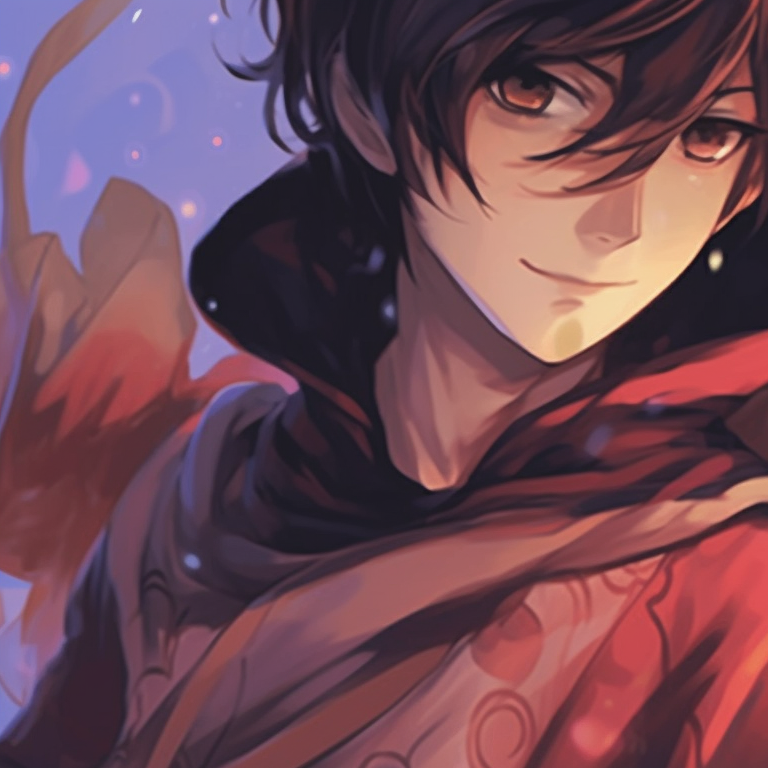 Two characters on a beach at sunset, warm tones, their silhouettes reflected on the water surface. anime couples aesthetic matching pfp pfp for discord.