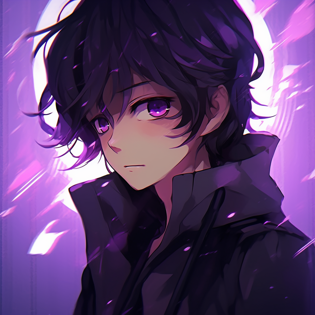 Profile image of an anime boy surrounded by a strong purple aura, adding an air of mystery. adorable purple anime pfp pfp for discord.