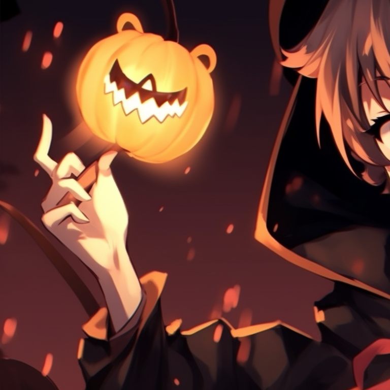 Two anime characters disguised as jack-o'-lantern twins, absorbing the Halloween vibe. aesthetic halloween couple matching pfps pfp for discord.
