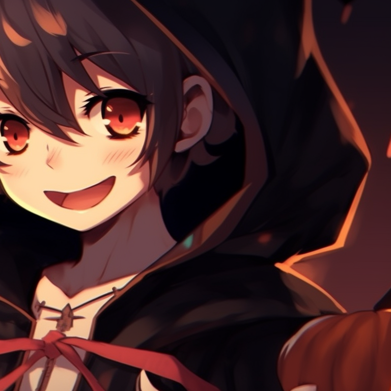 Two anime characters disguised as jack-o'-lantern twins, absorbing the Halloween vibe. aesthetic halloween couple matching pfps pfp for discord.
