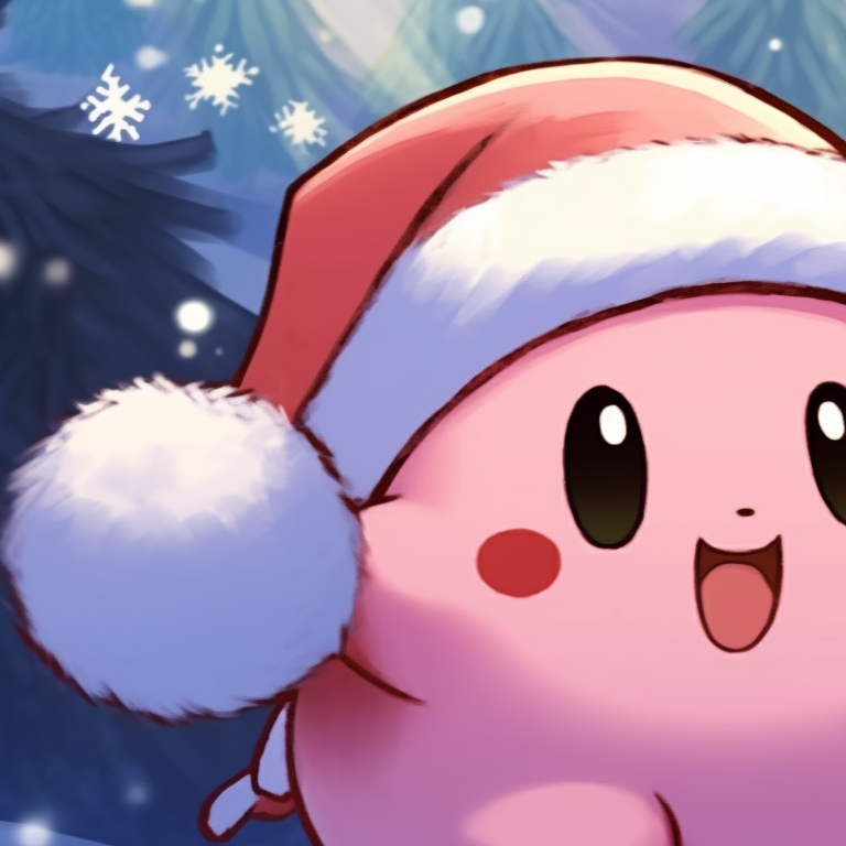Two Kirby characters, winter elements, wearing reindeer antlers. best matching kirby christmas pfp pfp for discord.