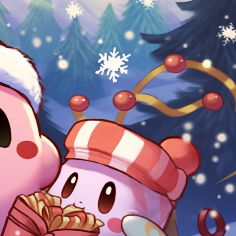 Two Kirby characters, winter elements, wearing reindeer antlers. best matching kirby christmas pfp pfp for discord.