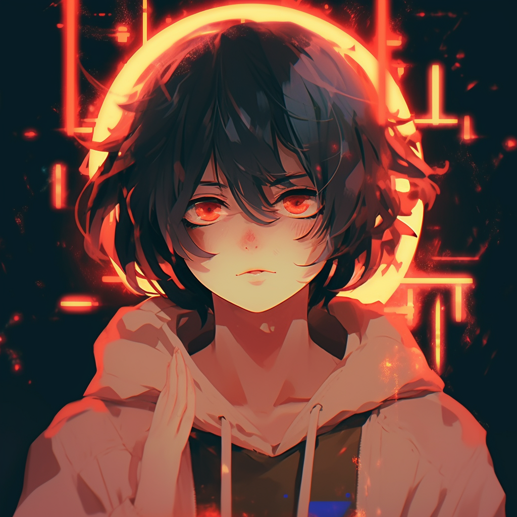 Anime boy surrounded by a neon glow, bright colors and intense eyes. anime aesthetic pfp for boys