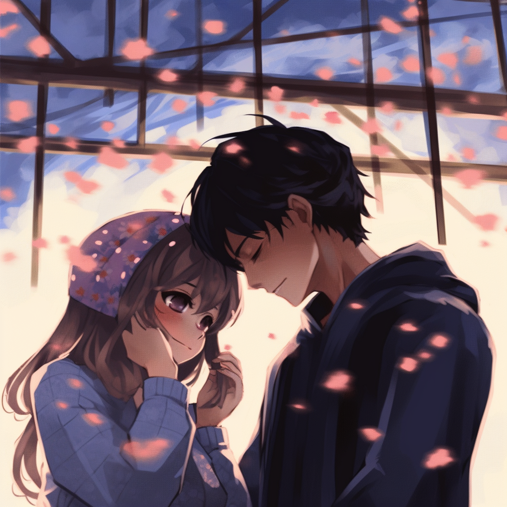 Caught in a tender moment amongst cherry blossoms, an anime couple, painted in soft strokes and pastel tones. sweet moments in couple anime matching pfp pfp for discord.