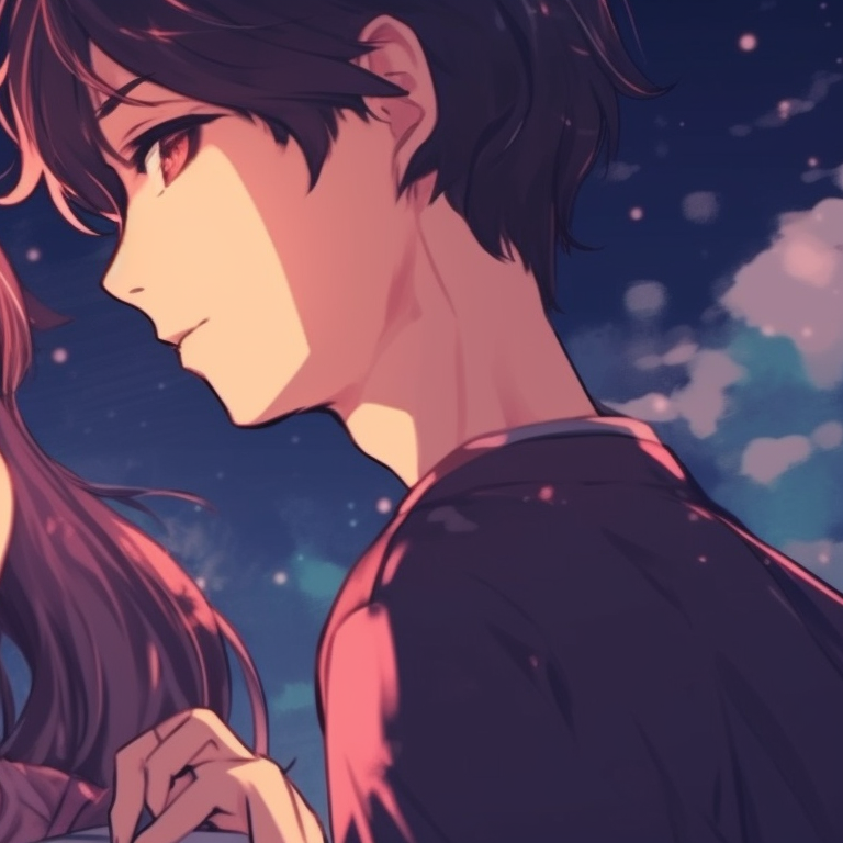 Two characters standing side-by-side with identical serene expressions and synchronized body language. charming matching couple pfp pfp for discord.