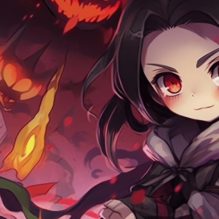 Partnership of two characters, wearing Halloween versions of their demon slayer uniforms, back to back, surrounded by an atmospheric backdrop. matching demon slayer pfp halloween theme illustrations pfp for discord.
