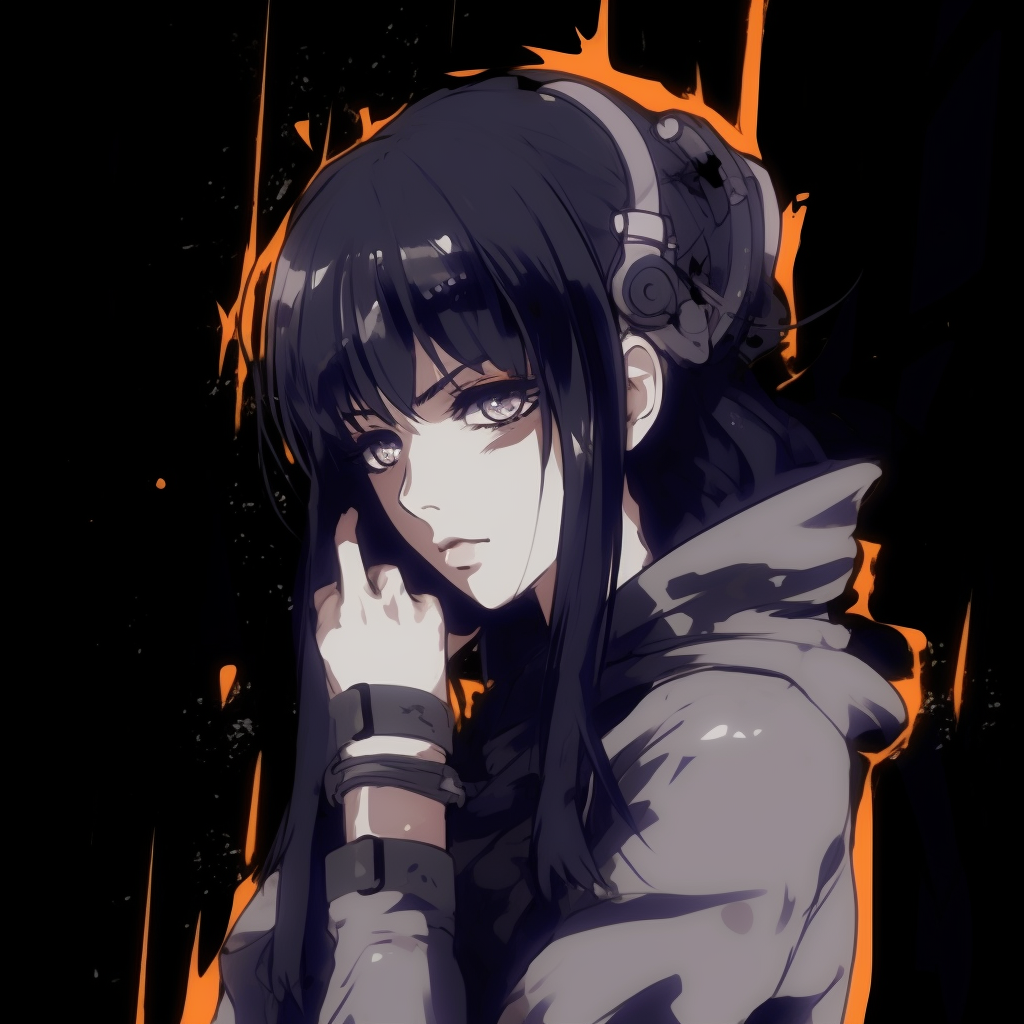 Hinata in grungy, rustic colors, detailed linework and muted tones reflecting her subtle strength. perfect anime grunge pfp for girls pfp for discord.