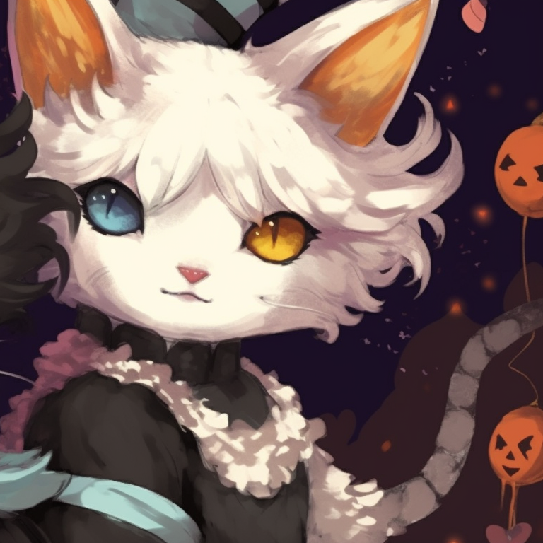 Two cat characters, one wrapped in a magic cloak, the other adorned in a pumpkin suit, autumn colors and Halloween atmosphere. matching halloween-themed cats portrait pfp pfp for discord.