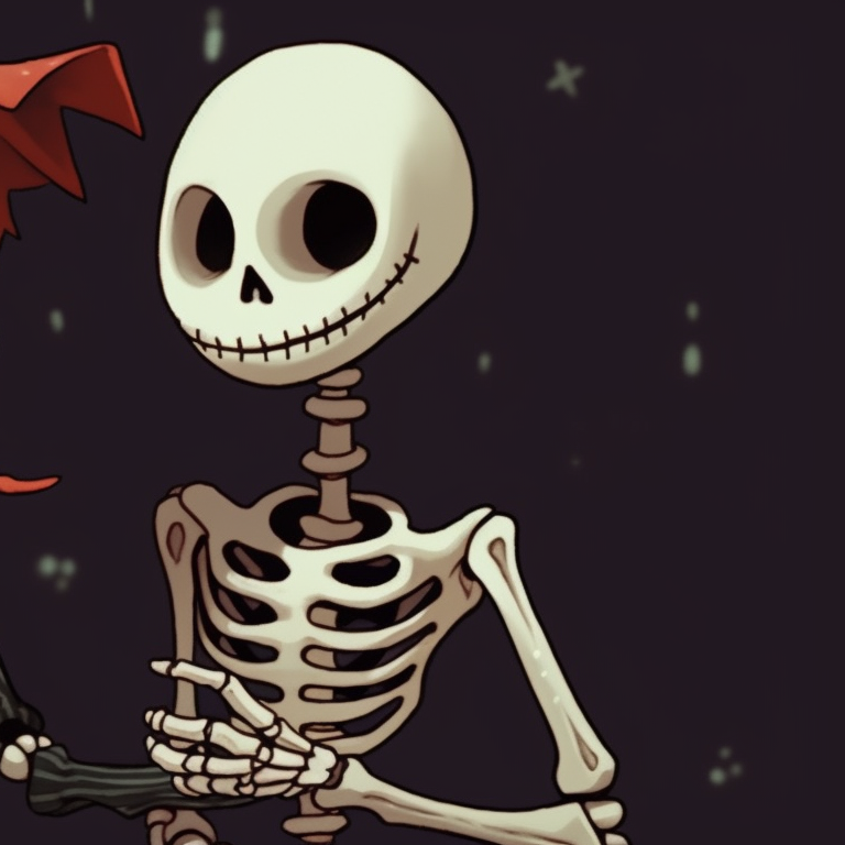 Two skeletal characters in Christmas attire, bold lines and wintry colors. holiday themed matching christmas skeleton pfp pfp for discord.