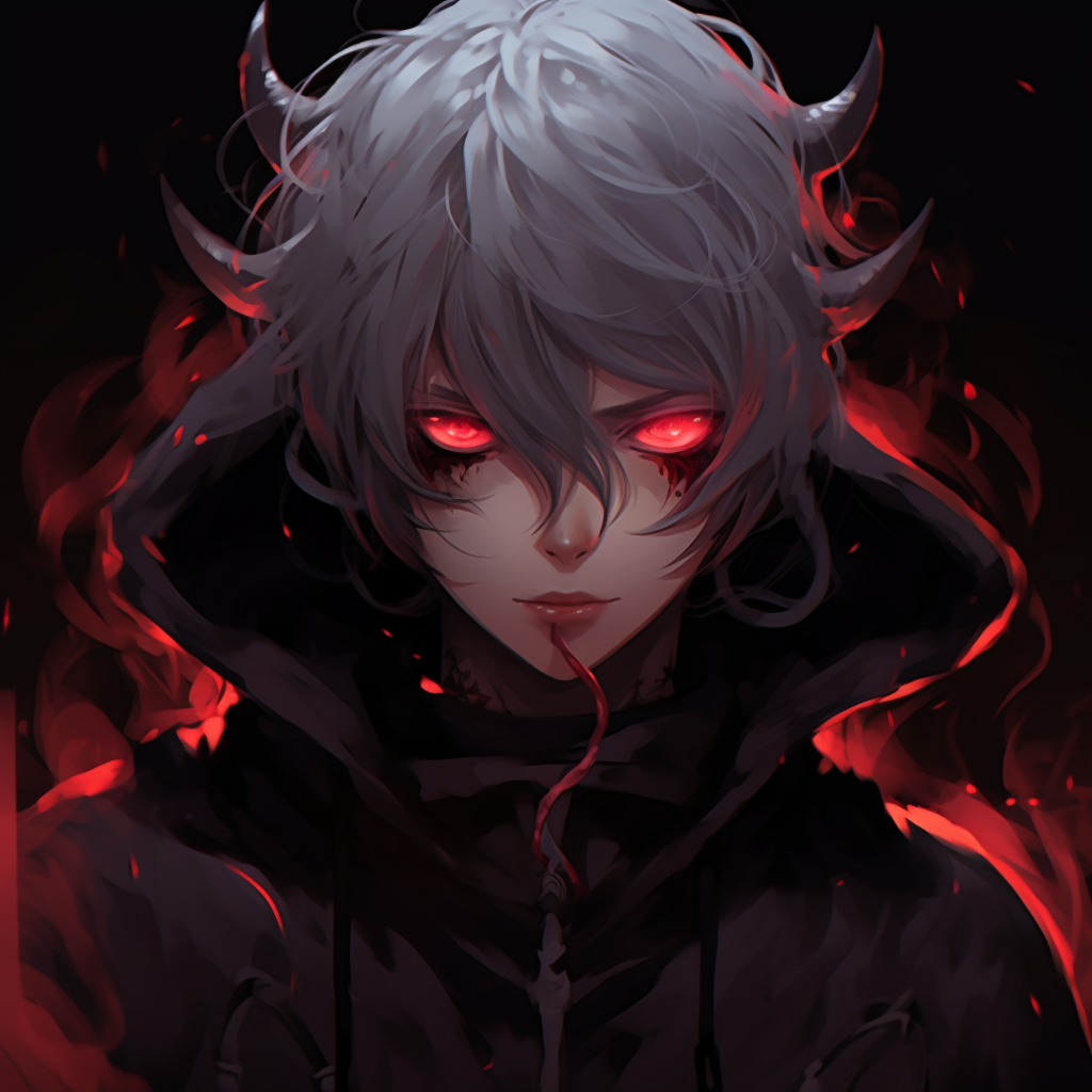 Close-up image of the demon boy, his intense red eyes being the center of attention. creative demon anime pfp pfp for discord.