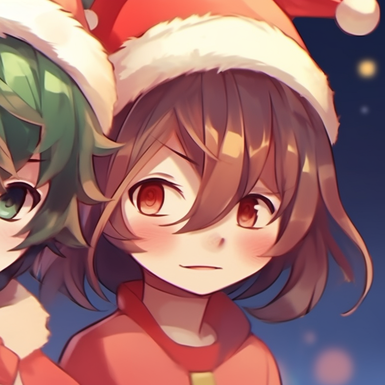 Two characters in elf costumes, vibrant Christmas colors and cheeky expressions. christmas-themed cute pfp that match pfp for discord.