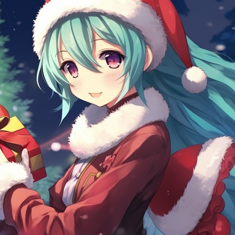 Two characters, dressed in matching Christmas-themed attire, their hands nearly touching, soft, cold hues dominate the image. anime theme: matching christmas hatsune miku pfp pfp for discord.