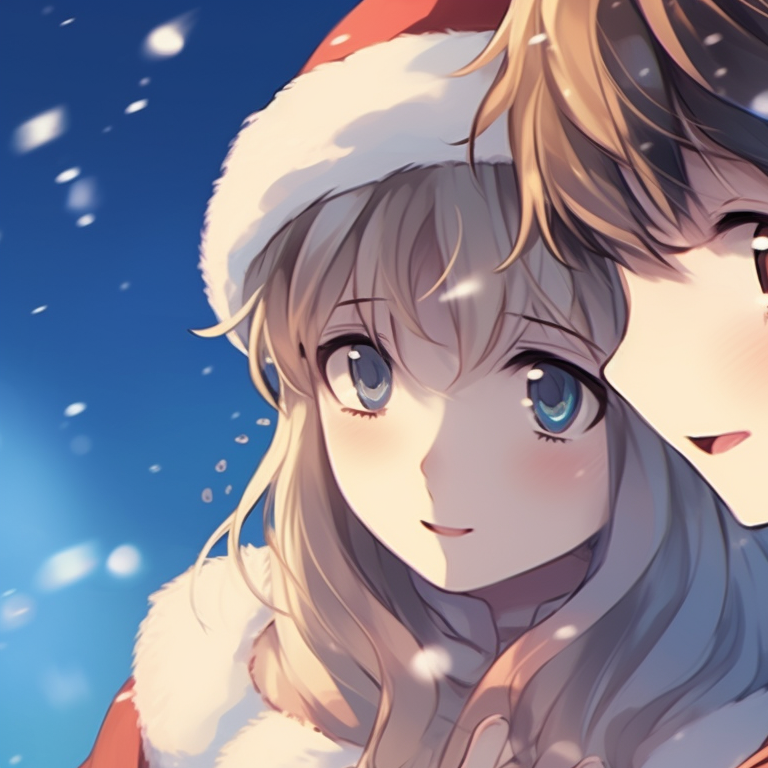 Two characters under a mistletoe, dramatic lighting and contrasting shadows. beautiful matching christmas pfp anime pfp for discord.