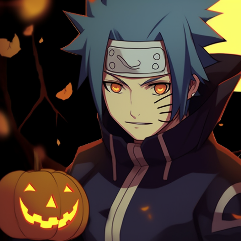 Naruto and Sasuke wearing creepy costumes, high contrast and atmospheric shadows. jinchuriki halloween match pfp with naruto & sasuke pfp for discord.