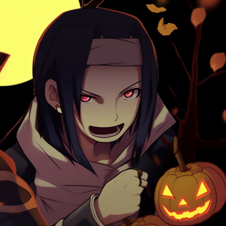 Naruto and Sasuke wearing creepy costumes, high contrast and atmospheric shadows. jinchuriki halloween match pfp with naruto & sasuke pfp for discord.