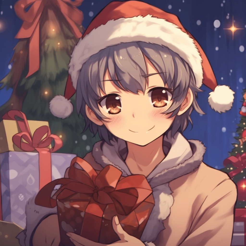 Cheerful anime boy entangled in Christmas lights, light-hearted art style and vivid palette. anime boy christmas pfp