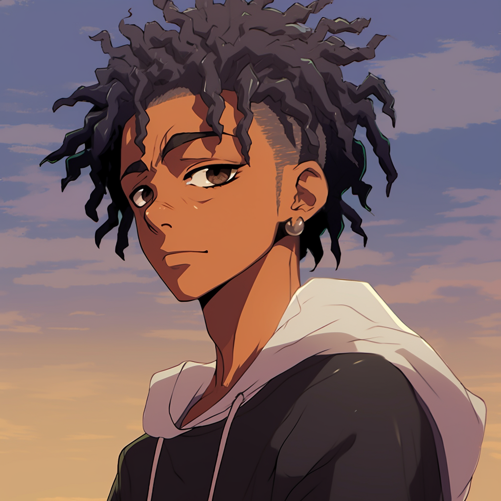 Stoic black anime character gazing into the distance, fine lines and soft colors. alluring black anime boy characters pfp
