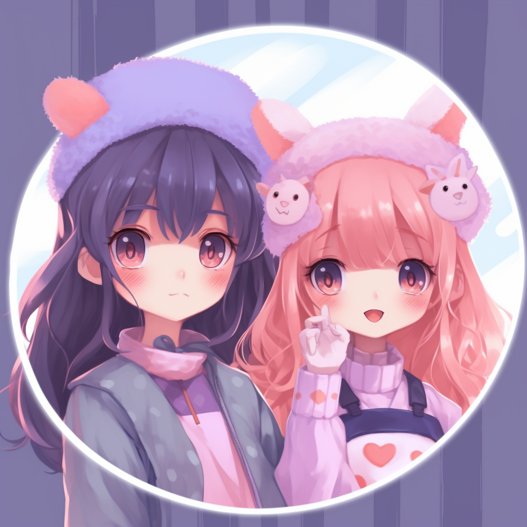 Twin anime friends embracing, pastel tones in their clothing and background. cute concept matching pfp in anime for friends