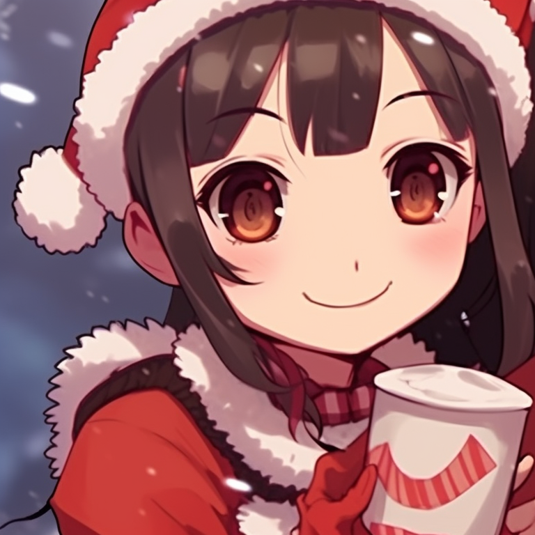 Two anime girls wearing Santa hats, playfully posing with Christmas props, bright colors and distinct outlines. favorite matching christmas anime girl pfp pfp for discord.