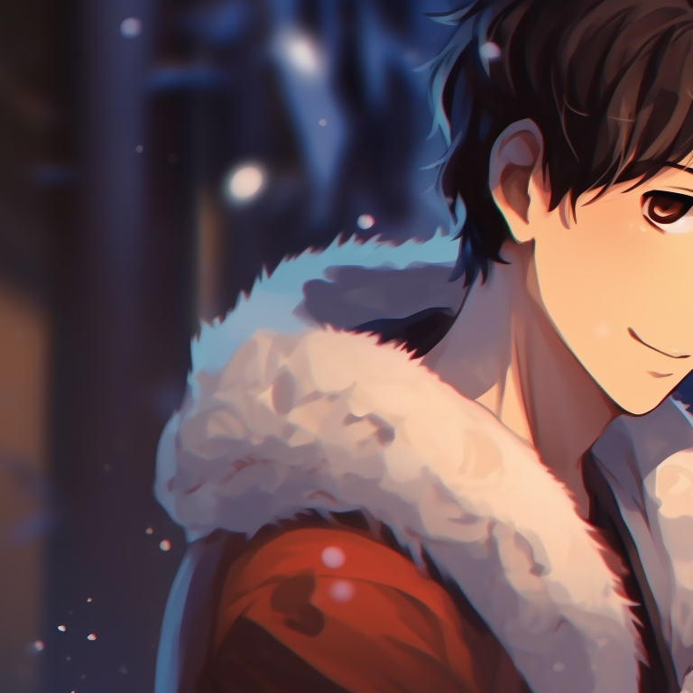 Two characters standing in an intimate pose under falling snow, character details accentuated by the soft palette. romantic matching christmas couple pfp pfp for discord.