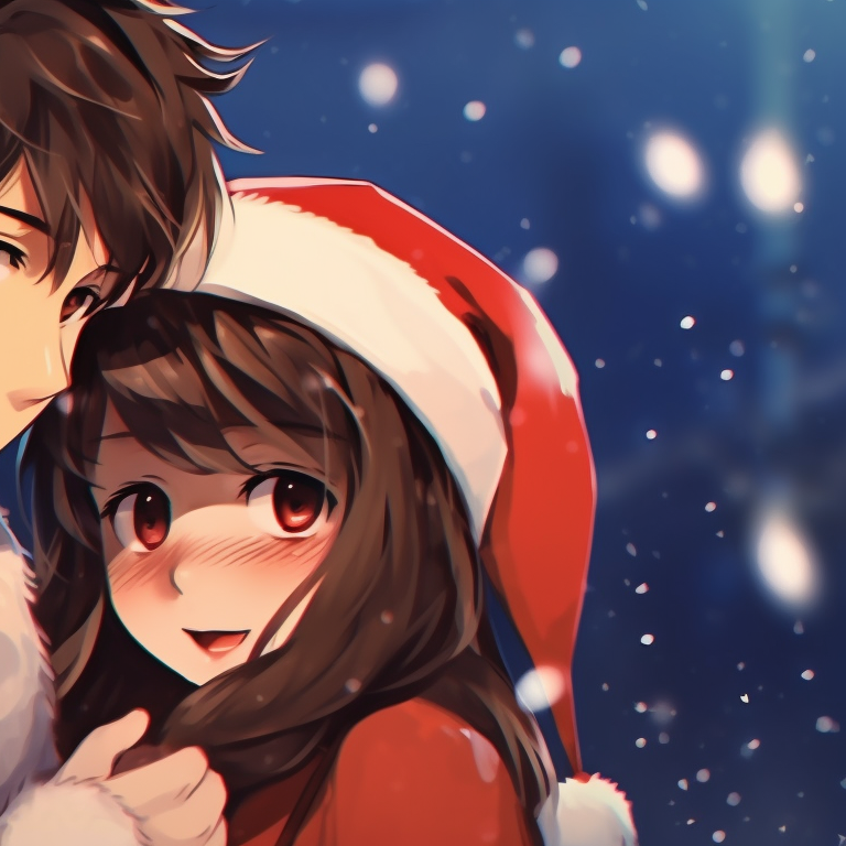 Two characters standing in an intimate pose under falling snow, character details accentuated by the soft palette. romantic matching christmas couple pfp pfp for discord.