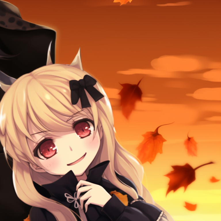 Two anime characters in traditional Thanksgiving attire with carved pumpkins, using warm autumn colors. thanksgiving matching pfp with halloween theme for her pfp for discord.