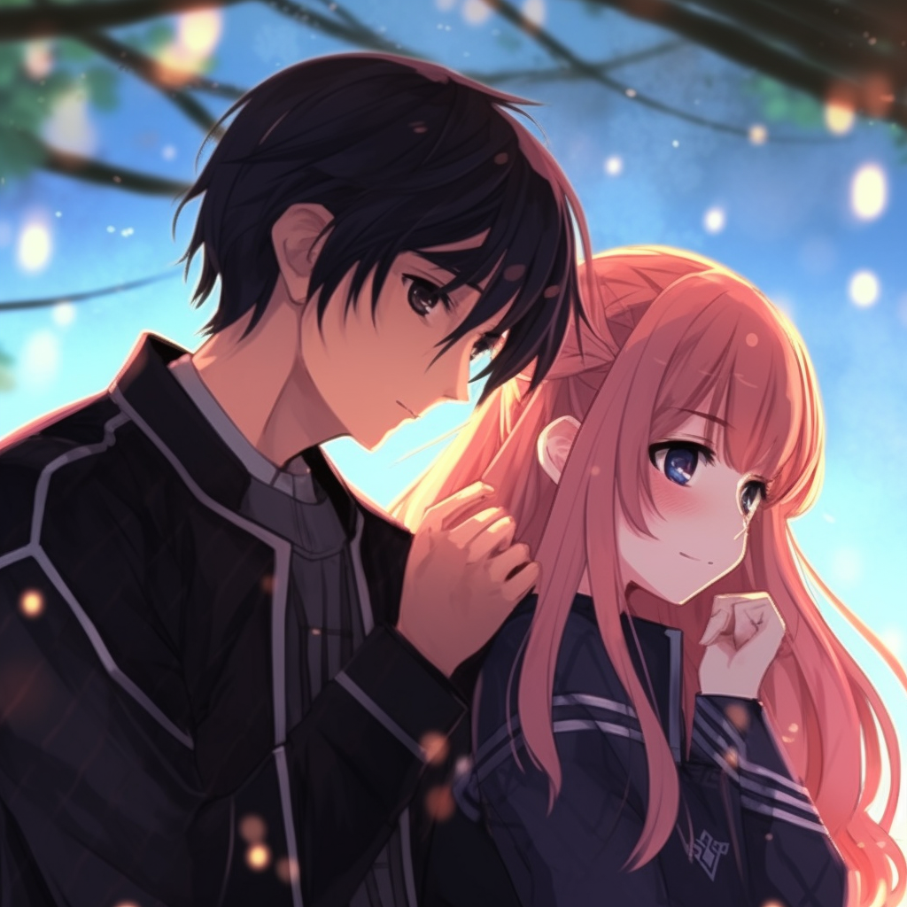 Kirito and Asuna in an intimate pose, focusing on emotions and body language. compelling anime pfp couple content pfp for discord.