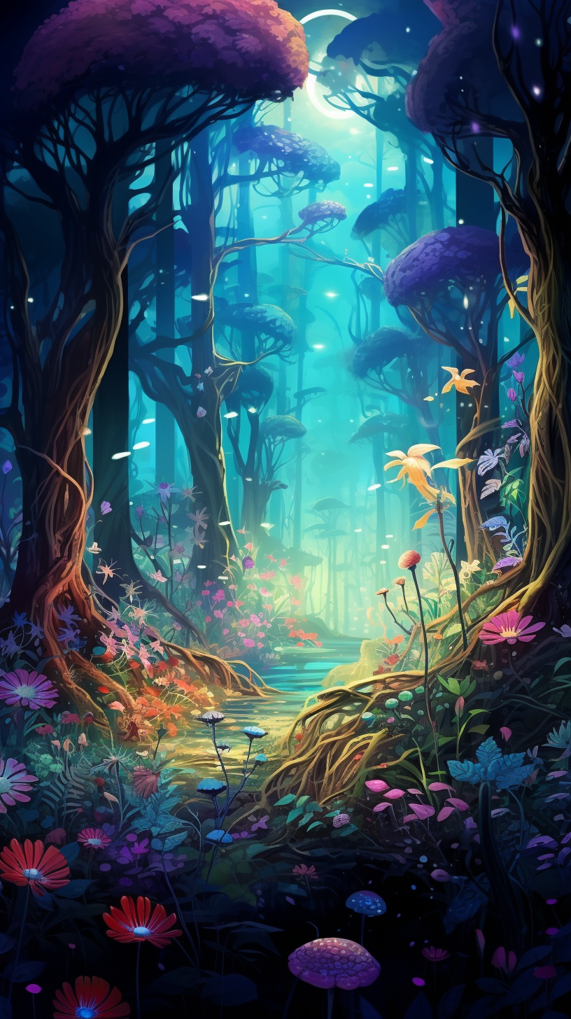 Intricately portrayed woodland with oversized leaves and twisting tree trunks; finely detailed art. phone art wallpaper