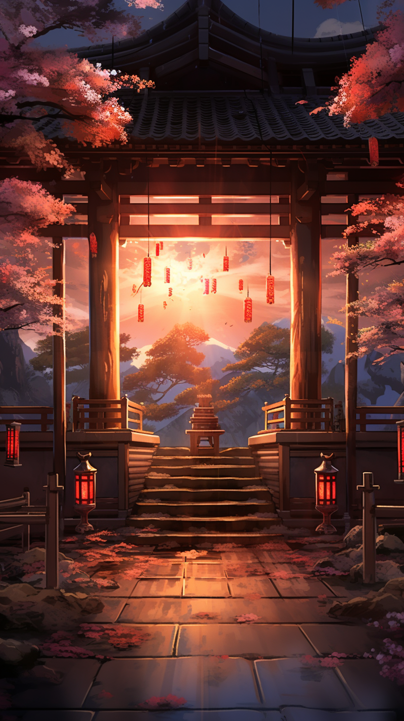 Morning scene at an anime shrine; soft light and intricate detailing. phone art wallpaper
