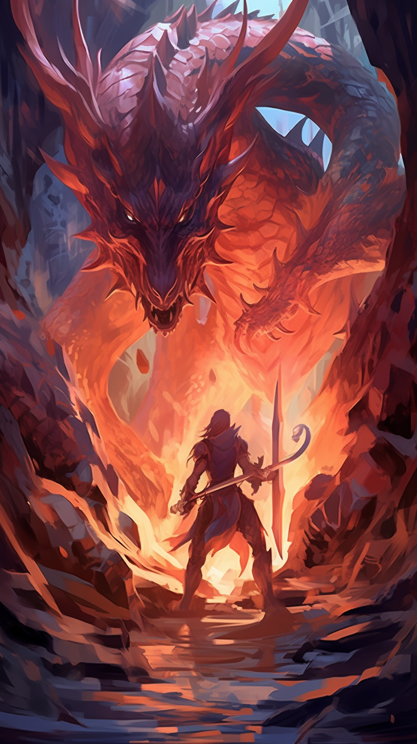 Image of a warrior and fierce dragon; vivid and detailed manga art style. phone art wallpaper