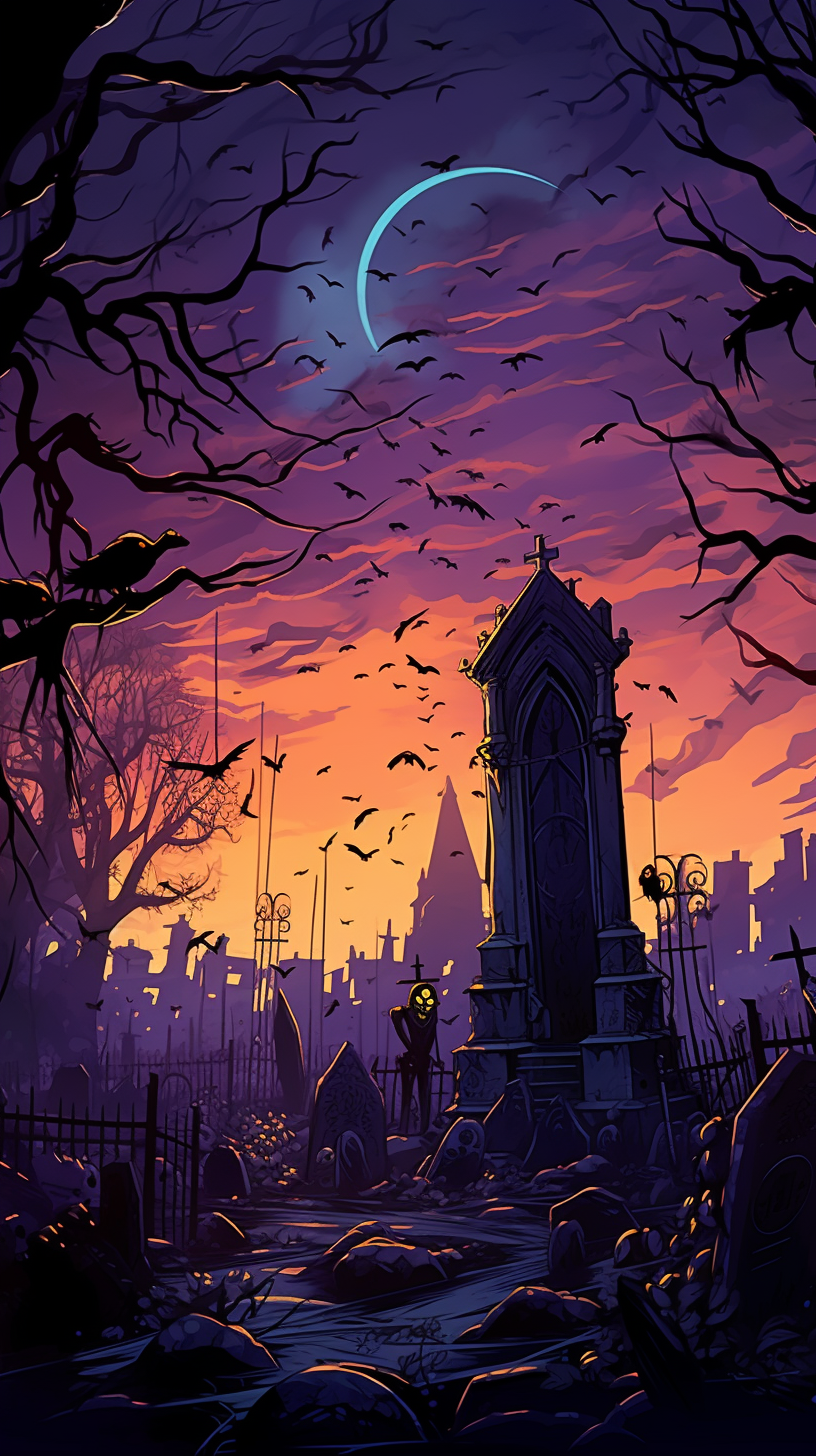 A murder of crows hovering over an eerie graveyard; fine detail in the silhouette of the crows. phone art wallpaper