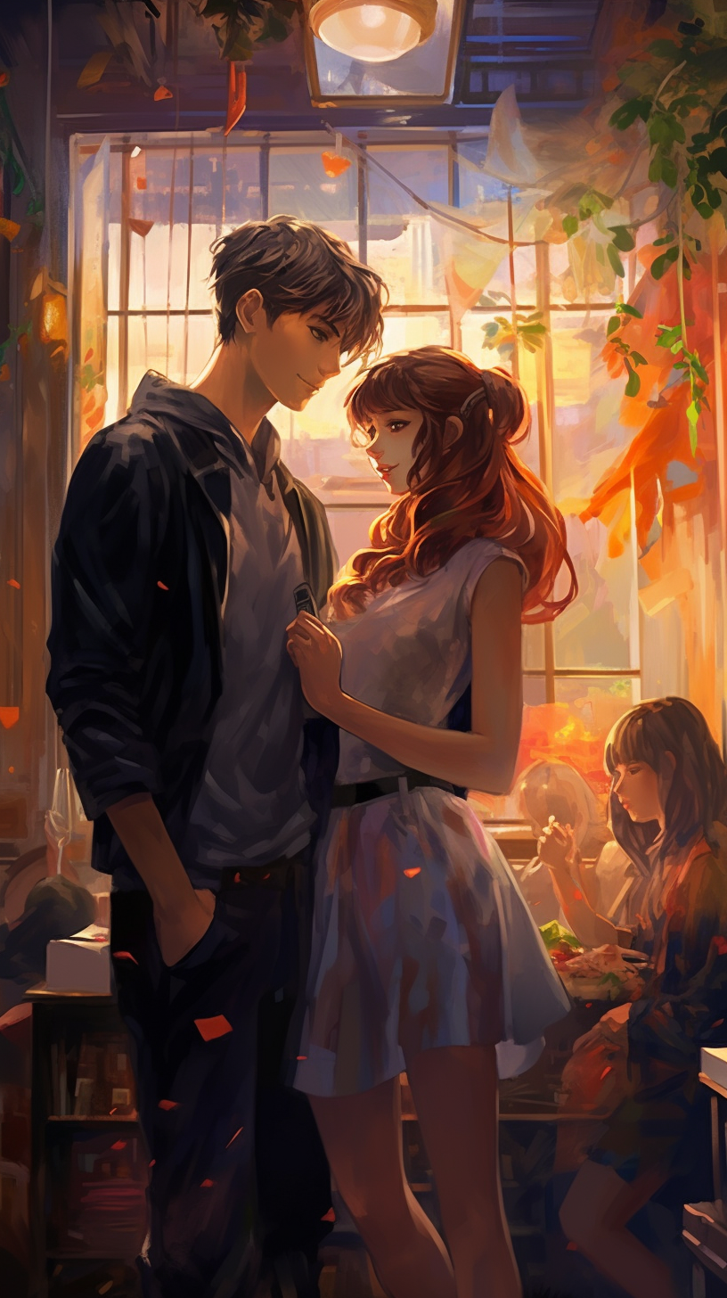 Canteen with students hinting a tender moment; sharp lines with expressive characters. phone art wallpaper