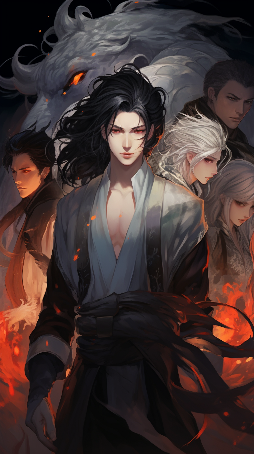 Illustrates Manhua characters surrounded by shadows; distinct gothic-styled art. phone art wallpaper