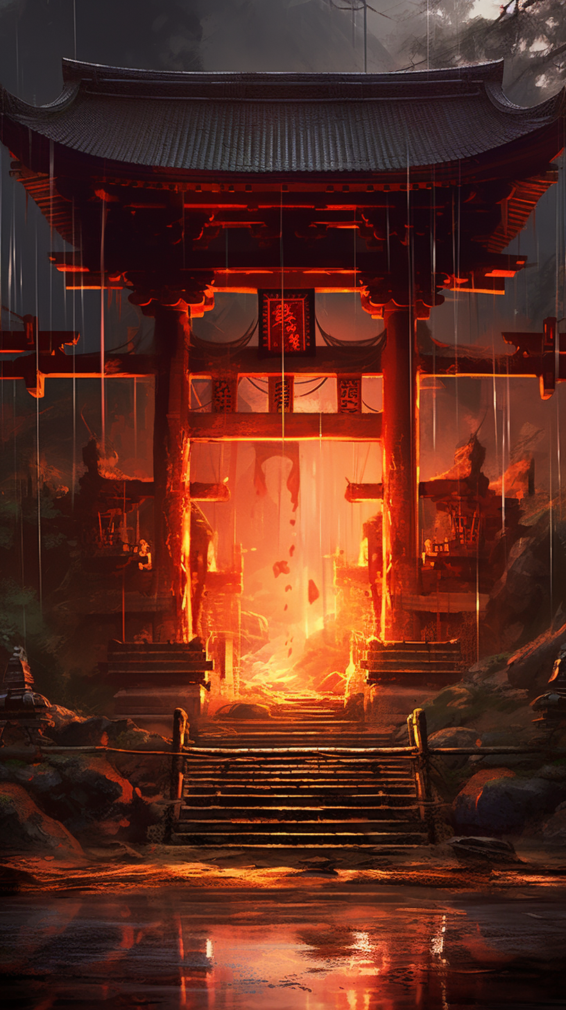 Moisture-heavy air surrounding an old Shinto shrine in Kyoto; Detailed textures and shading. phone art wallpaper