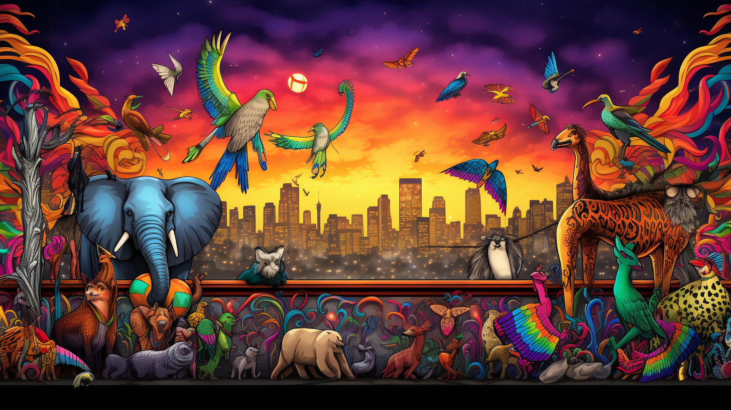 Varieties of wildlife articulated in graffiti style against the urban backdrop; rich detailing and shading.desktop, phone, HD & HQ free wallpaper, free to download