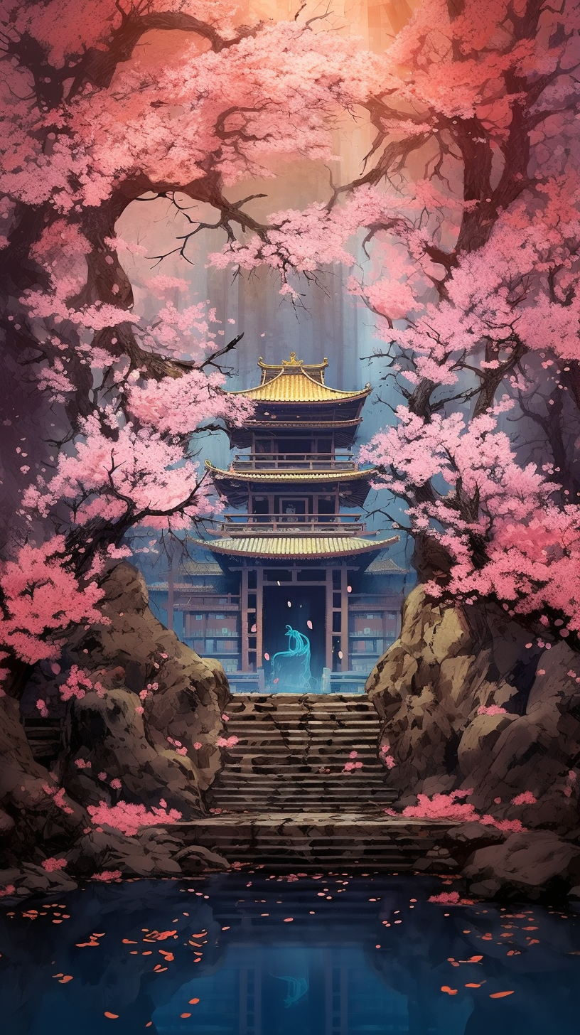 A floral filled serene shrine scene; anime style with smooth transitions and complete details. phone art wallpaper