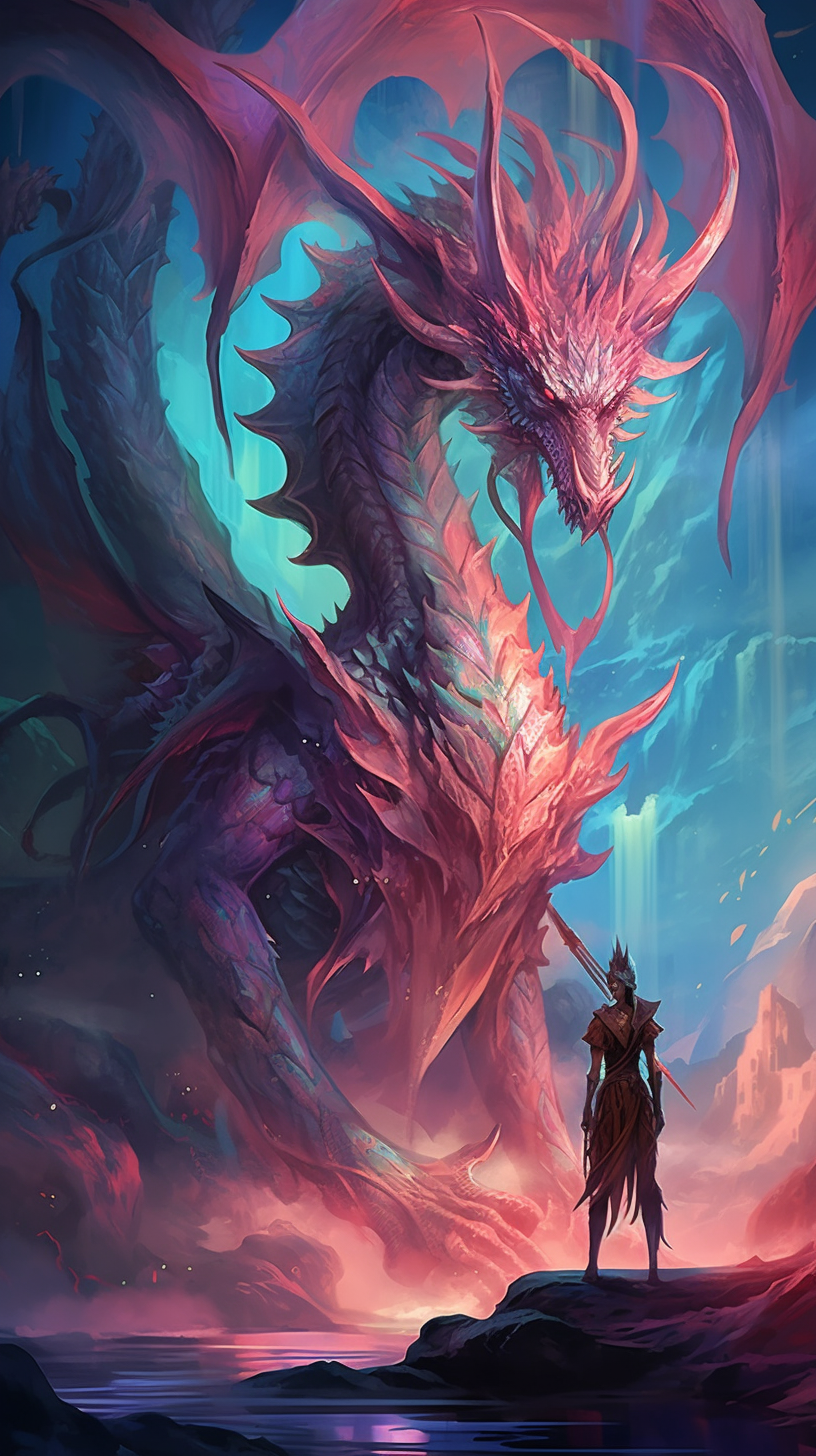 Warrior and dragon standing face to face; dynamic poses accentuated by fine details and patterns. phone art wallpaper