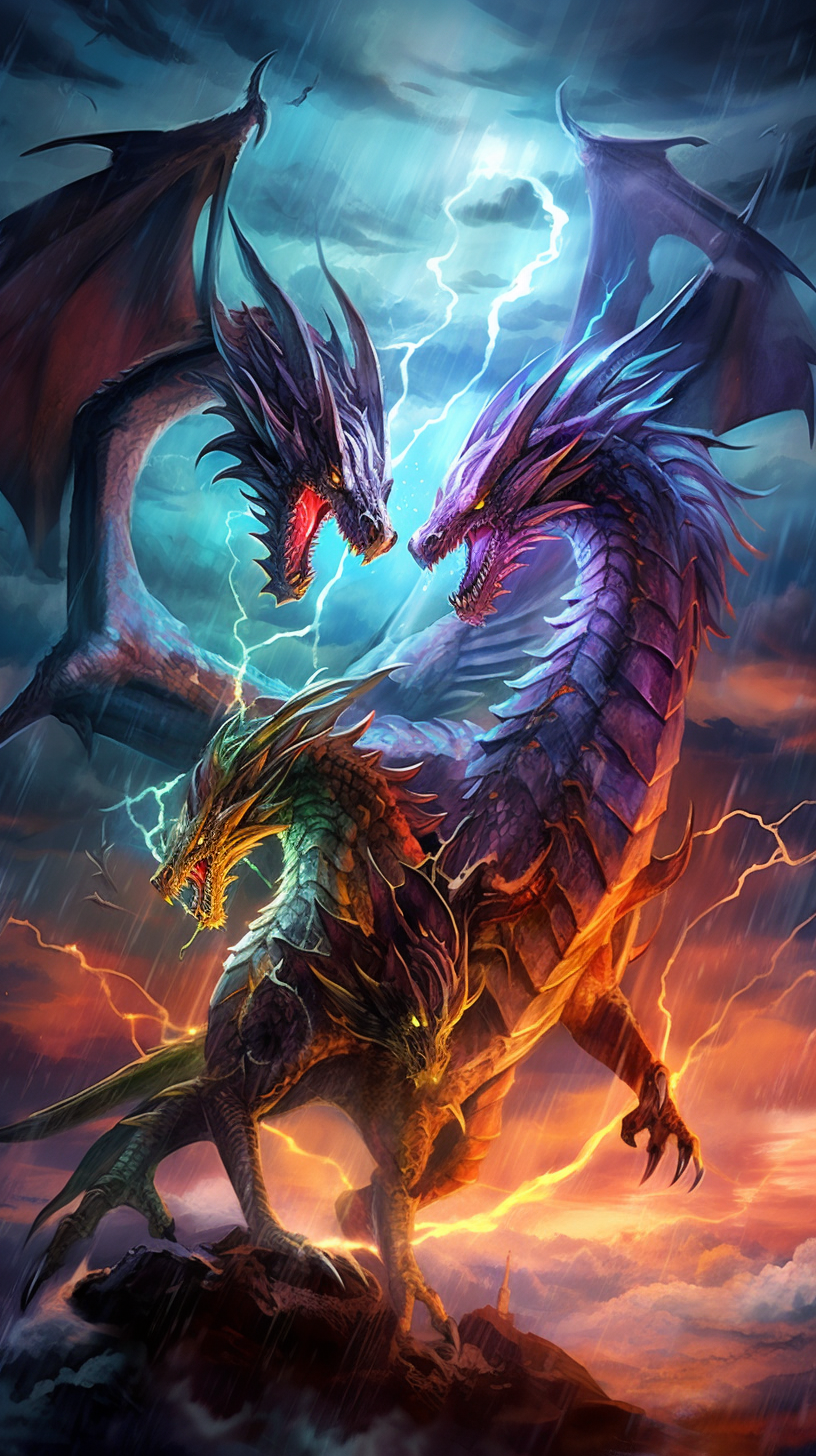 An intense clash between dragons amidst a thunderstorm; heavy detailing in the dragons' fur and the storm clouds. phone art wallpaper