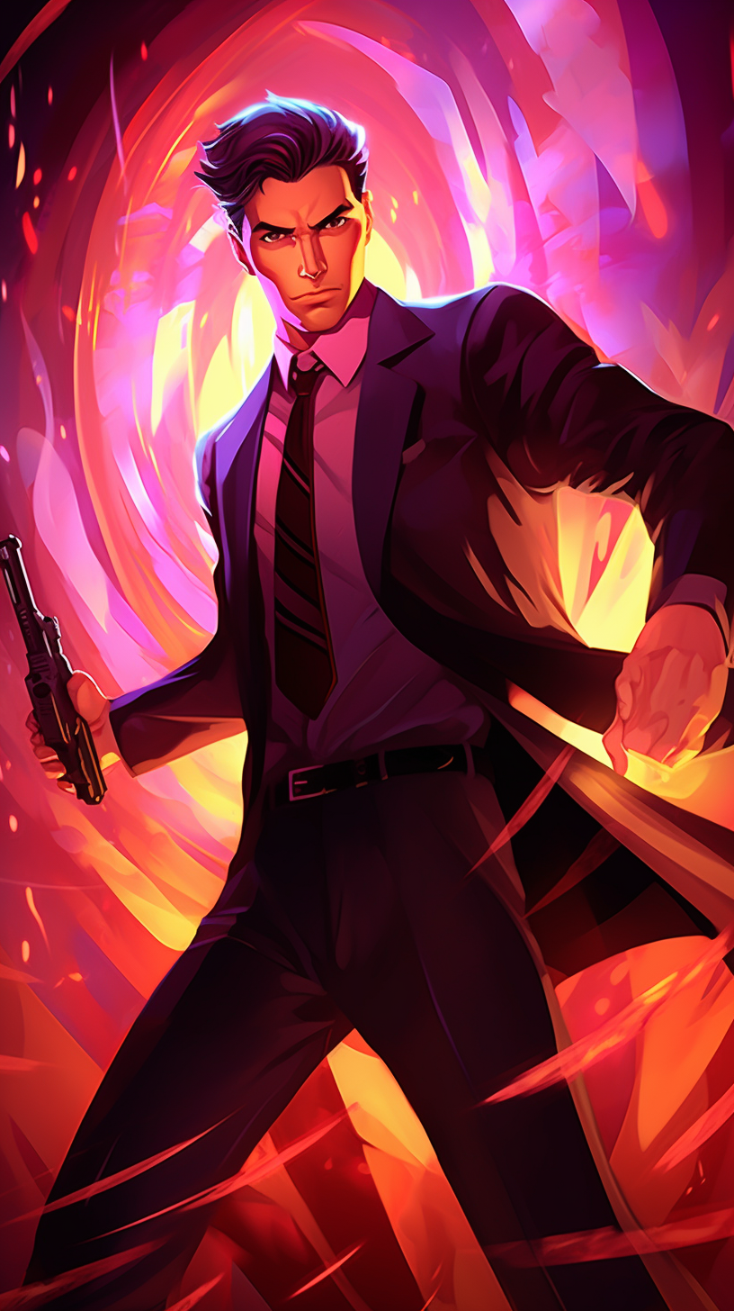 Anime style secret agent in an action pose; detailed figure and background. phone art wallpaper