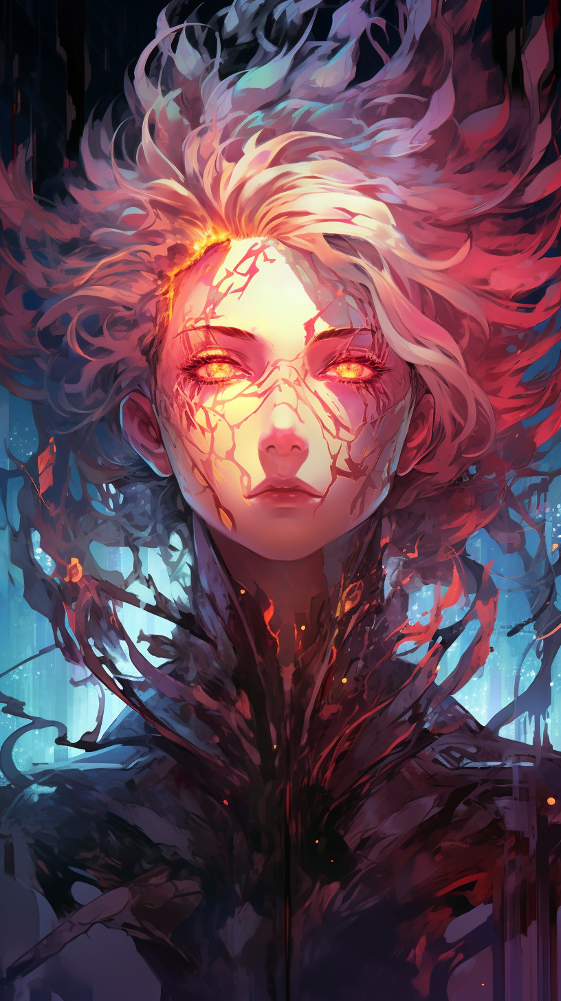 Energy emission from a character in the setting of an abstract anime artwork; extricate lines and moderate shading. phone art wallpaper