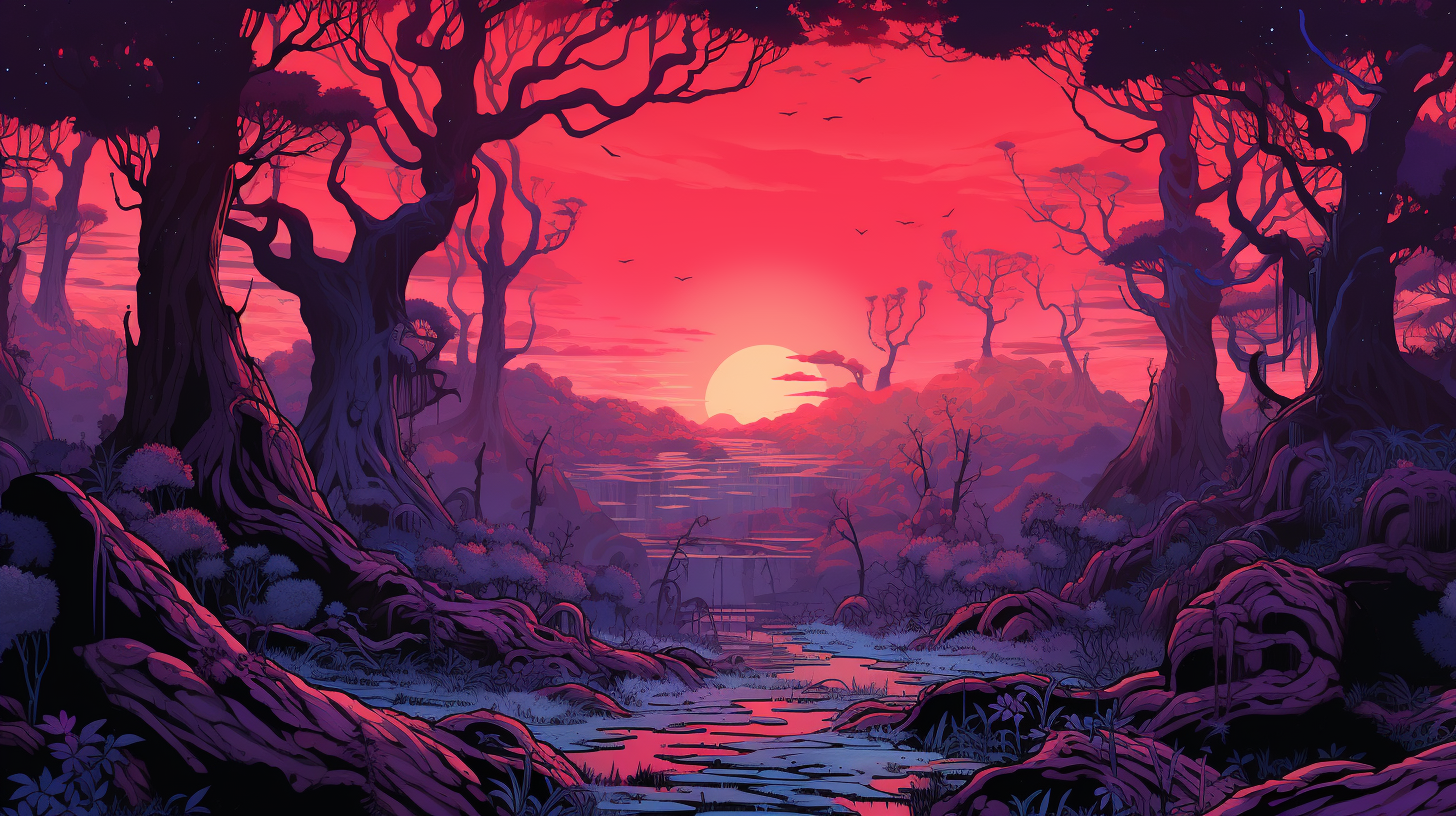 Mystical forest illustrated in a detailed, artistic style; featuring intricate line work.desktop, phone, HD & HQ free wallpaper, free to download